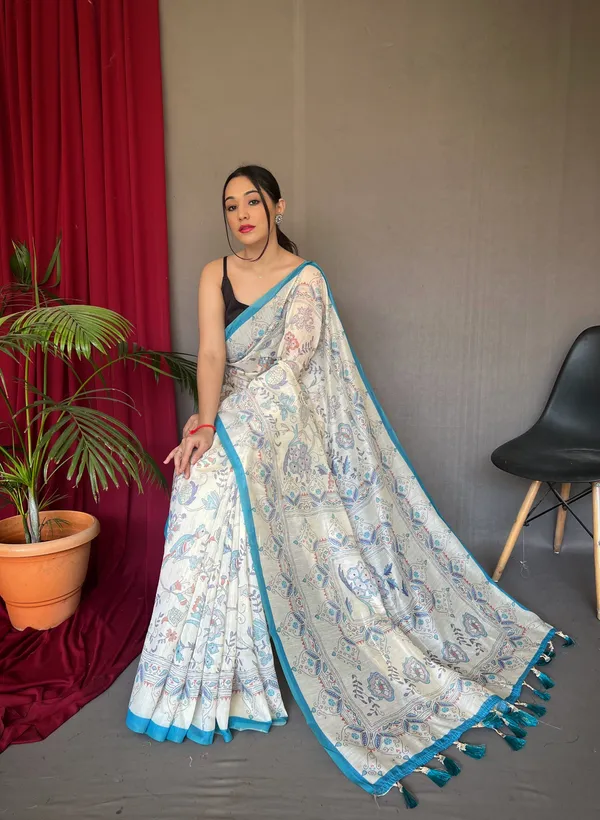 white_&_Blue_Pure_Malai_Cotton_Sarees_With_Katha_Print_Work_With_Blouse_Piece_Attached